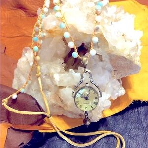 Amazonite bead necklace strung on leather with vintage style quartz watch